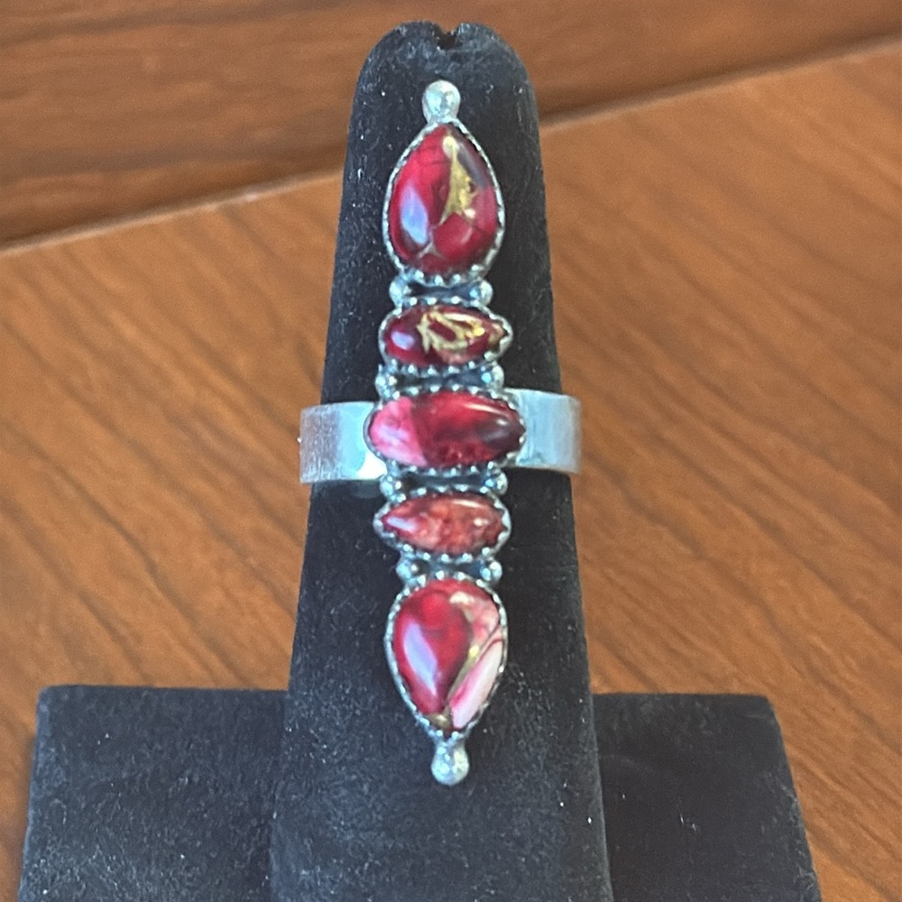 New 925 Sterling Silver Rose Dahlia Red Turquoise Bar Ring - Adjustable